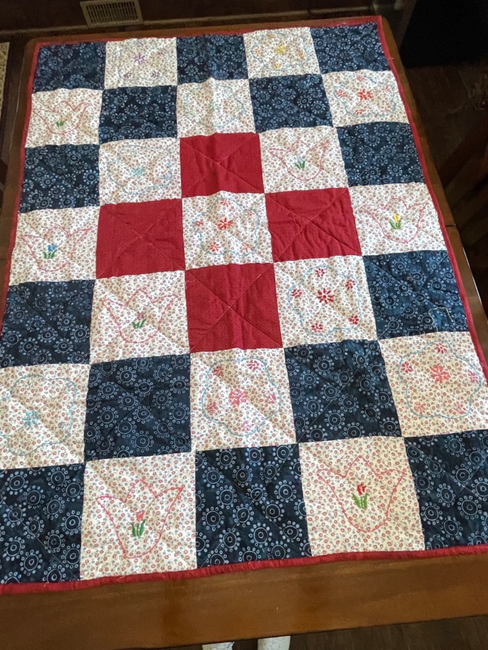 Handmade Quilt Whimsical Red Off White Blue Embroidered Flower Lap Child Size